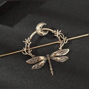 Cottagecore Gold Tone Dragonfly and Moon Hairpin Engraved details Hair A…